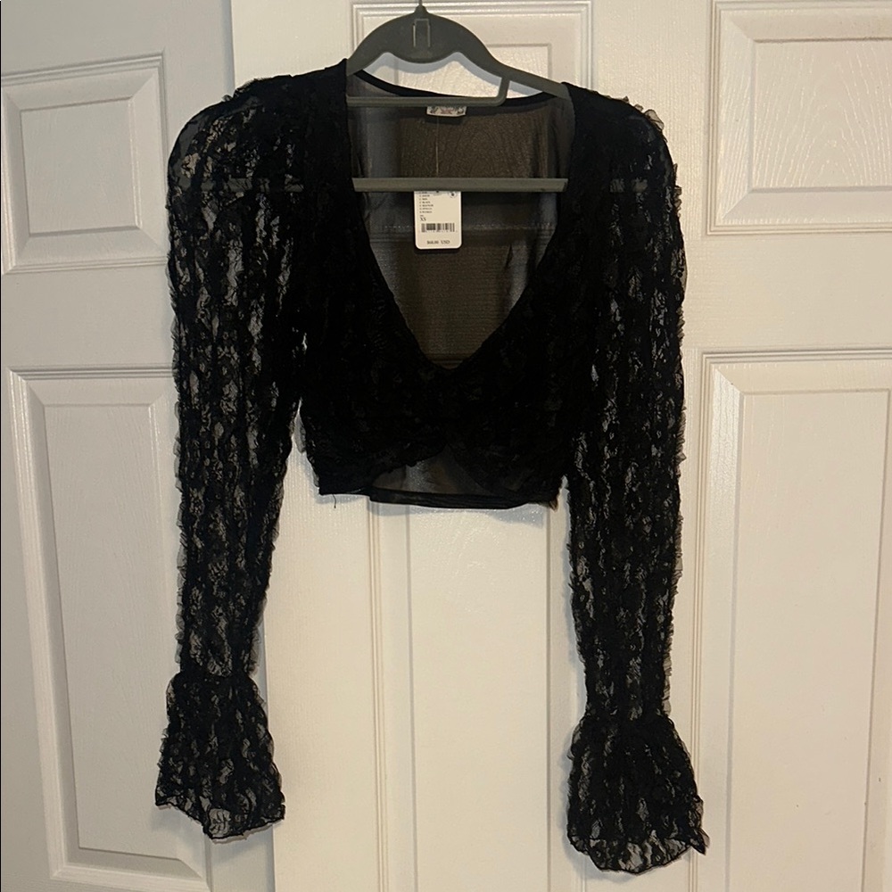 NEW WITH TAGS Lace Sheer Black Free People Crop Top Long Sleeve